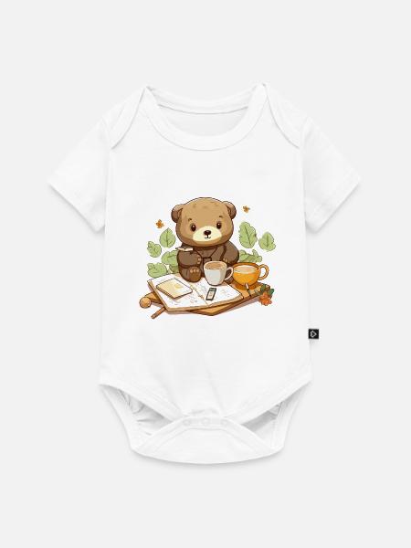 Kuschelbär beim Lesen mit Kaffee - Baby Premium Kurzarmbody - Weiß