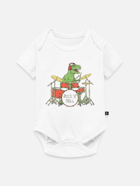 Dino Drummer RocknRoll Illustration - Baby Premium Kurzarmbody - Weiß