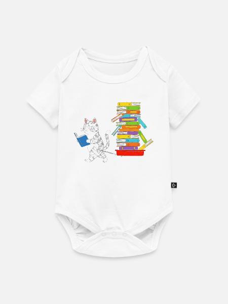 Lesekätzchen zieht Bücherwagen - Baby Premium Kurzarmbody - Weiß