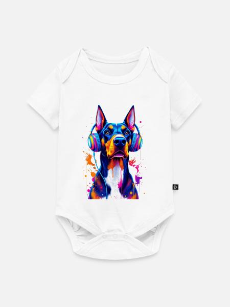 Dobermann mit Kopfhörern - Baby Premium Kurzarmbody - Weiß