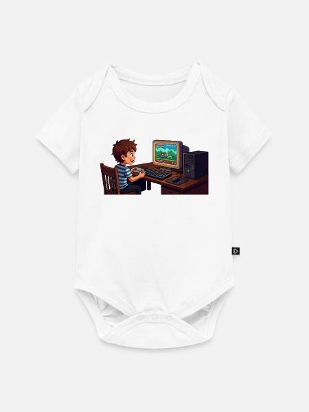 Retro-Gamer Kind am PC - Baby Premium Kurzarmbody - Weiß