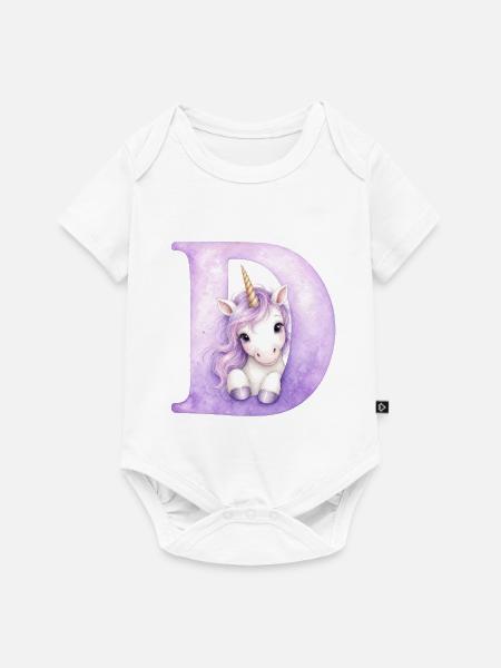Buchstabe D Lila Einhorn - Baby Premium Kurzarmbody - Weiß