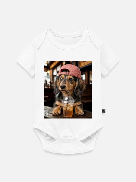 Hund mit Eistee und roter Cap - Baby Premium Kurzarmbody - Weiß