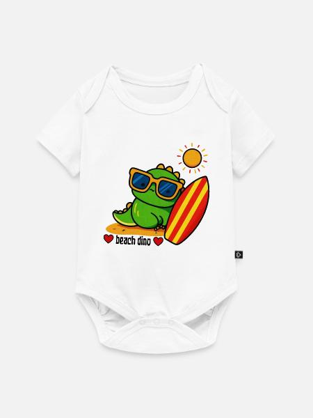 Strand-Dino mit Surfbrett - Baby Premium Kurzarmbody - Weiß