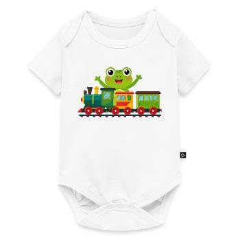 Green cartoon frog cheering with toy train - Baby Premium short-sleeve bodysuit - white - Front