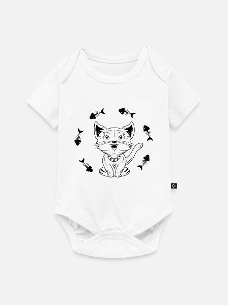 Fröhliche Winkende Katze mit Fischgräten - Baby Premium Kurzarmbody - Weiß