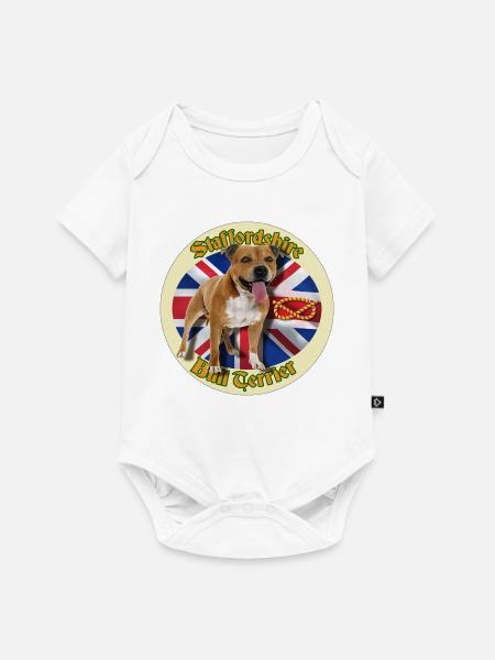 Red Staffie auf englischer Flagge – 014 - Baby Premium Kurzarmbody - Weiß
