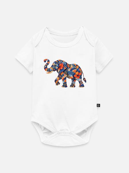 Patchwork-Elefant Blumenmuster - Baby Premium Kurzarmbody - Weiß