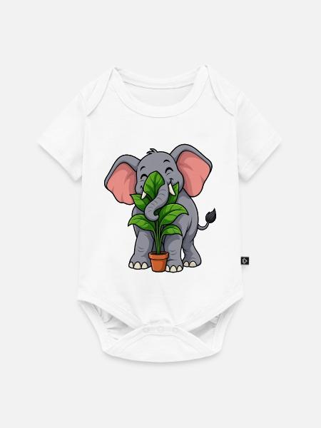 Glücklicher Elefant umarmt eine Topfpflanze - Baby Premium Kurzarmbody - Weiß
