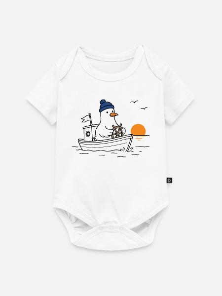 Möwe auf Boot im Sonnenuntergang - Baby Premium Kurzarmbody - Weiß