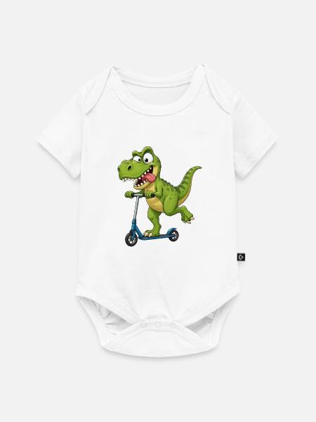 T Rex Roller Scooter Lustiger Dinosaurier - Baby Premium Kurzarmbody - Weiß