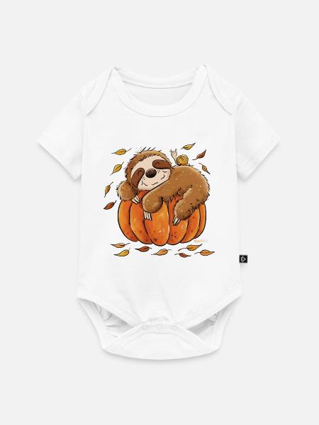 Faultier Kürbis Herbst Chill Herbstmotiv  - Baby Premium Kurzarmbody - Weiß