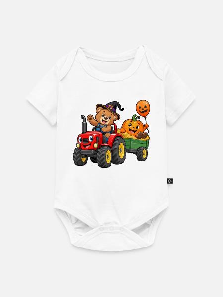 Kürbis-Traktor-Bär im Halloween-Wagen - Baby Premium Kurzarmbody - Weiß