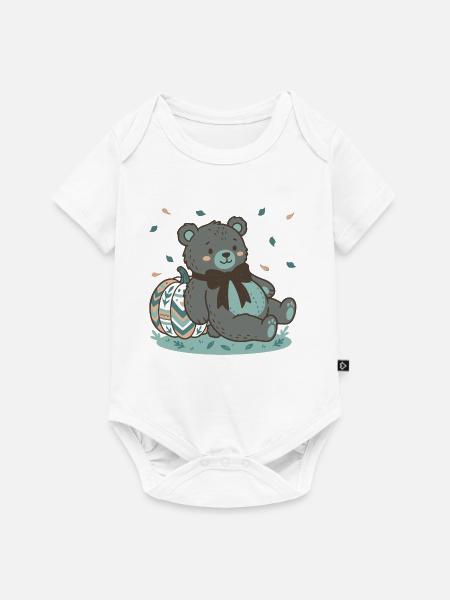 Grauer Teddybär mit gestempeltem Kürbis - Baby Premium Kurzarmbody - Weiß