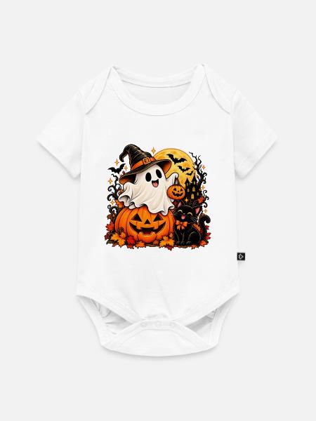 Süßer Halloween-Geist & Schwarze Katze - Baby Premium Kurzarmbody - Weiß