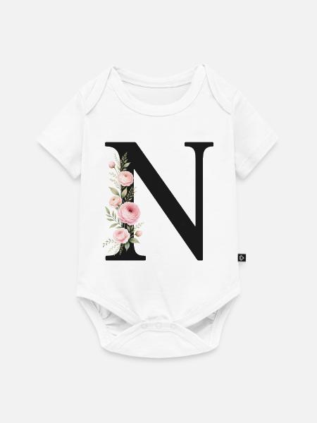 N Buchstabe Monogram Floral - Baby Premium Kurzarmbody - Weiß