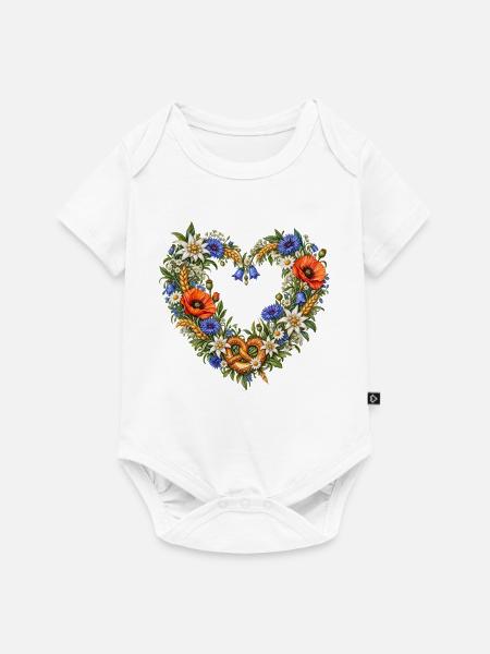 Alpenblumenherz mit Brezel & Edelweiß - Baby Premium Kurzarmbody - Weiß