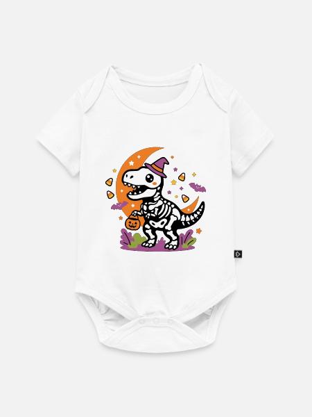Skelett-Dinosaurier hält Kürbiskorb Halloween - Baby Premium Kurzarmbody - Weiß