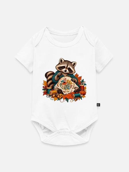 Waschbär stickt Herbstblumen - Baby Premium Kurzarmbody - Weiß