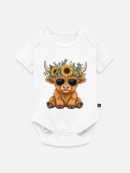 Hippie Highland Kuh mit Sonnenblumen - Baby Premium Kurzarmbody - Weiß