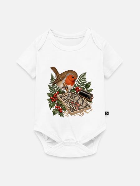 Rotkehlchen beim botanischen Linolschnitt - Baby Premium Kurzarmbody - Weiß