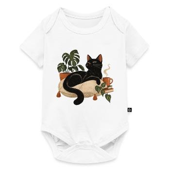 Schwarze Katze auf Kuschelkissen - Baby Premium Kurzarmbody - Weiß - Vorne