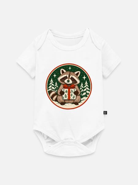 Waschbär mit Geschenk im Winterwald - Baby Premium Kurzarmbody - Weiß
