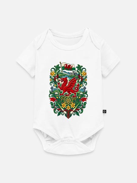 Wales | Drache, Lauch & Narzissen - Baby Premium Kurzarmbody - Weiß