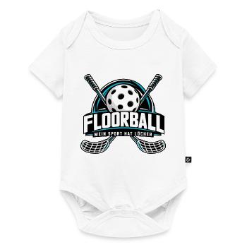 Floorball Logo Ball mit Schlägern - Baby Premium Kurzarmbody - Weiß - Vorne