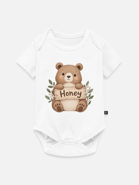 Niedlicher Bär mit Honey-Schild - Baby Premium Kurzarmbody - Weiß