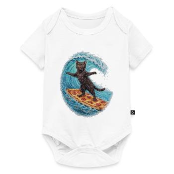 Schwarzer Kater surft auf Pizza Welle - Baby Premium Kurzarmbody - Weiß - Vorne