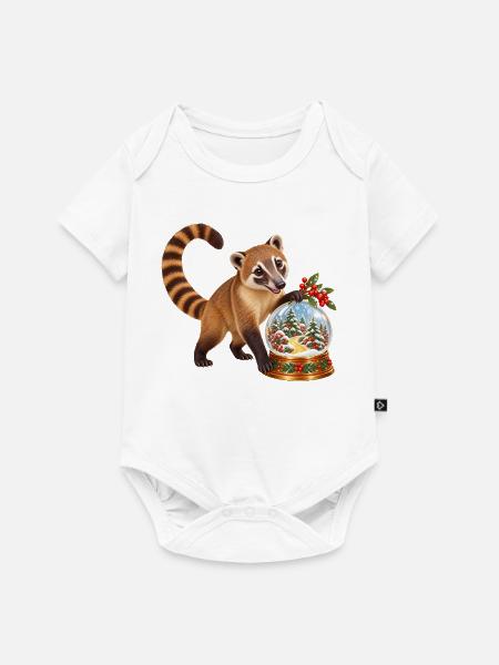 Nasenbär mit winterlicher Beerenwald-Schneekugel - Baby Premium Kurzarmbody - Weiß