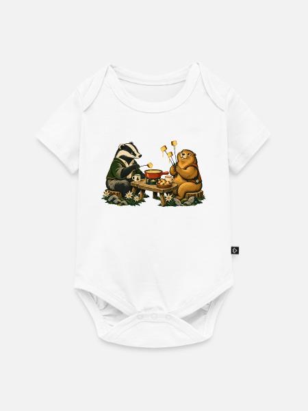 Dachs und Murmeltier beim Käsefondue - Baby Premium Kurzarmbody - Weiß