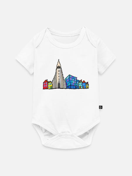 Reykjavik Skyline – Bunte Kinderzeichnung - Baby Premium Kurzarmbody - Weiß