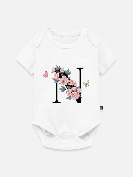 Buchstabe n rosa Blumen - Baby Premium Kurzarmbody - Weiß