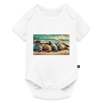 Cute animals chilling – sea lion sleeping beach - Baby Premium short-sleeve bodysuit - white - Front