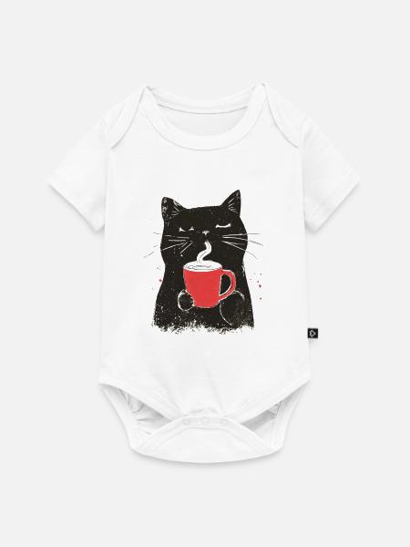 Vintage Katze mit Kaffee - Linolschnitt-Stil - Baby Premium Kurzarmbody - Weiß