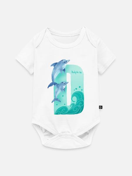 Skurriles Alphabet. Buchstabe D. Design des blauen Delfins. - Baby Premium Kurzarmbody - Weiß