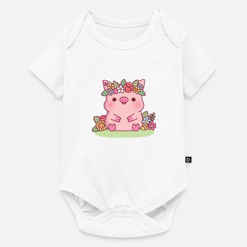 Mignon cochon avec couronne de fleurs floral - Body à manches courtes Premium Bébé - blanc