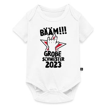 Rock Hand Mädchen Bääm Große Schwester 2023 - Baby Premium Kurzarmbody - Weiß - Vorne