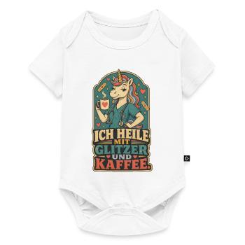 Einhorn Pflege Glitzer Kaffee Shirt - Baby Premium Kurzarmbody - Weiß - Vorne