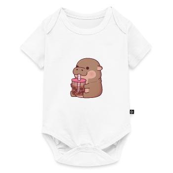 Mignon bébé hippopotame buvant du thé Boba - Body à manches courtes Premium Bébé - blanc - Devant