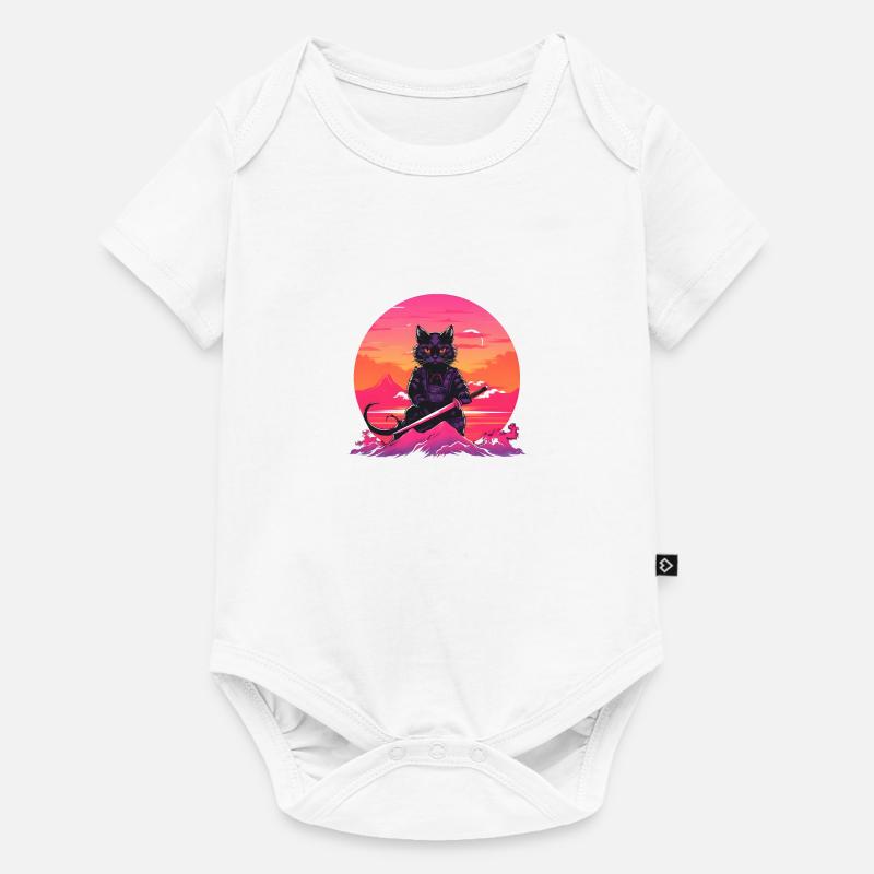 Synthwave samurai Cat with katana - Baby Premium Kurzarmbody - Weiß
