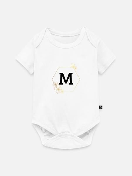 Buchstabe m Goldener Blumenrahmen - Baby Premium Kurzarmbody - Weiß