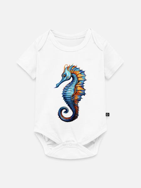 Seepferdchen Blau Orange Illustration - Baby Premium Kurzarmbody - Weiß