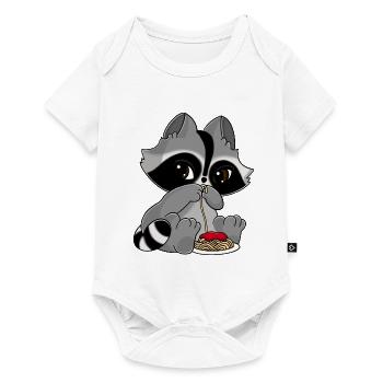Snuggles der Waschbär mit einem Teller Pasta. - Baby Premium Kurzarmbody - Weiß - Vorne