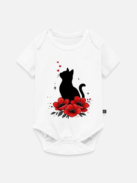 Schwarze Katze & Rote Mohnblume - Baby Premium Kurzarmbody - Weiß