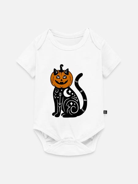 Halloween Katze Kürbiskostüm - Baby Premium Kurzarmbody - Weiß