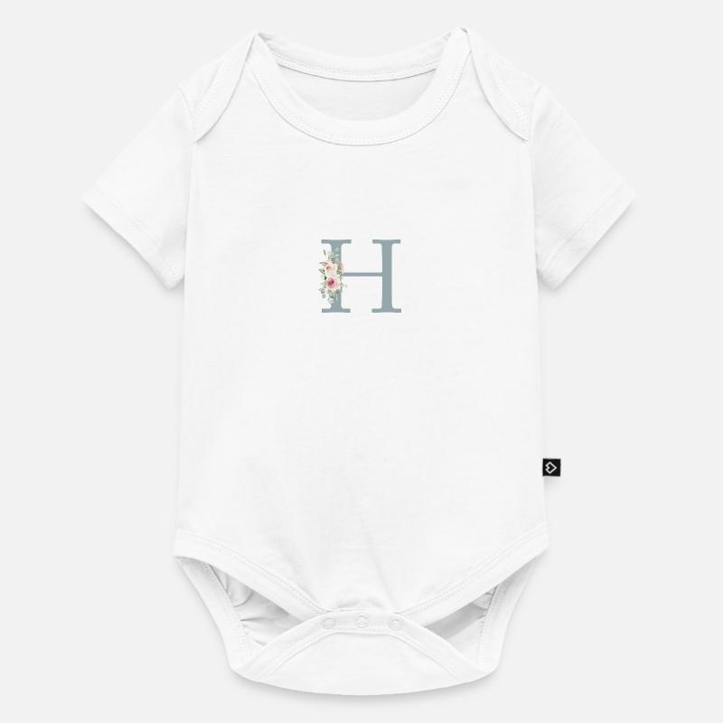H| Monogramm | Eukalyptus-Pastell-Blumen-Blau - Baby Premium Kurzarmbody - Weiß