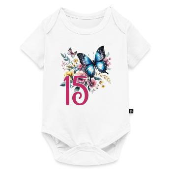 Geburtstag 15 Mädchen Schmetterling Fünfzehn 15 Ja - Baby Premium Kurzarmbody - Weiß - Vorne